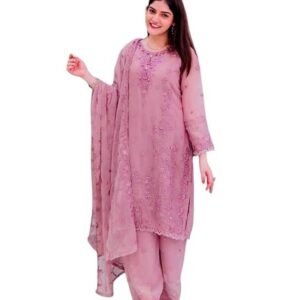 RKB INDIA Women's Faux Georgette Embroidery Work Straight Kurti with Pant and Dupatta Set