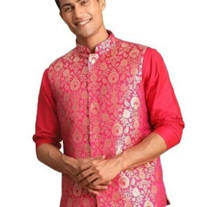 VASTRAMAY Men's Jaquard Nehru Jacket | Valentino Pink Edgy Jacquard Nehru Jacket For Men