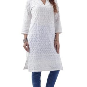 Tromboo Hand Chikan Allover Embroidery White V Neck Glaze Cotton Kurti for Women