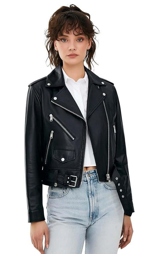 Women's Black Leather Biker Jacket with Zippers and Pockets|Premium Women’s Leather Moto Jacket for Winter – Trendy & Warm|Perfect Winter Style Soft & Durable