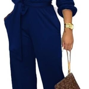 SxClub Jumpsuits for Women Formal Sexy Elegant Long Straight Pants Busineess Party Jumpsuit with Belt Pockets, Dark Blue, Small