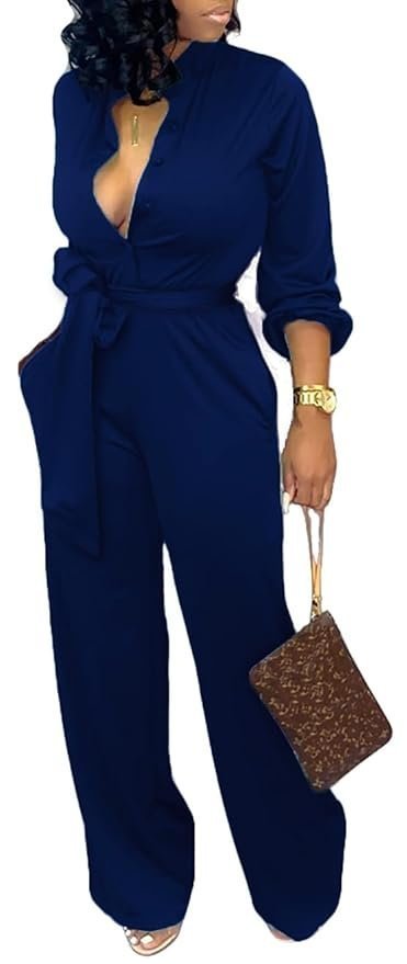 SxClub Jumpsuits for Women Formal Sexy Elegant Long Straight Pants Busineess Party Jumpsuit with Belt Pockets, Dark Blue, Small