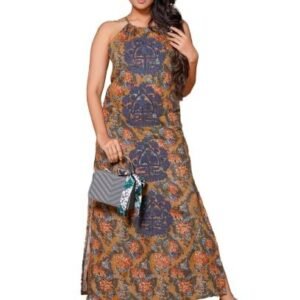 THREAD GAME Upscaled - Organic Soft Linen Printed Hand Embroidered Coffee Colour Backless Dress for Women