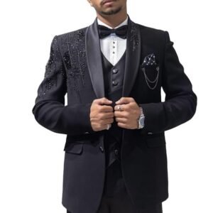 A LOYAL Men Black Solid Slim Fit Tuxedo Suit with Satin Lapel