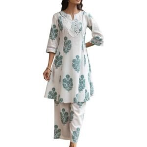 FIORRA Women's White Cotton Flared Kurta Set