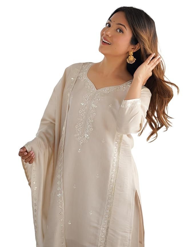 SKYLEE Women's Silk Embroidery and Lace Straight Kurta with Pant & Dupatta