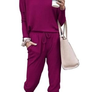 PRETTYGARDEN Women’s Solid Two Piece Outfit Long Sleeve Crewneck Pullover Tops And Long Pants Sweatsuits Tracksuits (Purple, Medium)