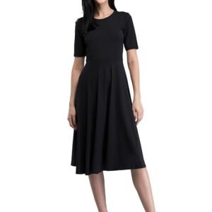 FableStreet Cotton Round Neck Knitted Fit and Flare Dress - Black