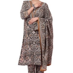 Folksong Women's Dark Espresso Kalamkari Printed Kurta, Pants and Dupatta Set