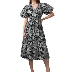 VERO MODA Women Floral Printed V-Neck Puff Sleeve Fit & Flare Midi Dress