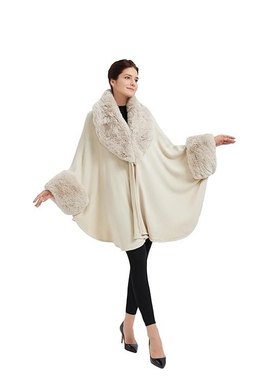 SUFCOMOU Women Cape Poncho with Fur Trim Winter Faux Fur Shawl Wrap Coat Sleeveless Cardigan Cloak