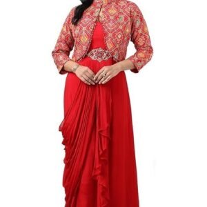 Soch Women Red Chinon Bandhani Print Gown with Sequins