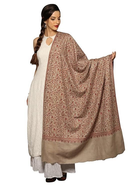 Exotic India Pure Pashmina Natural Color Sozni All Over Shawl from Kashmir