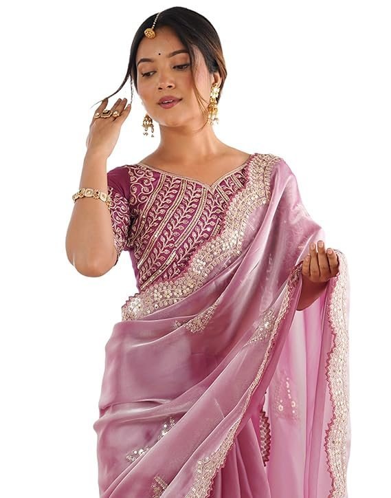 SIRIL Women's Organza Sequence Embroidery Scollped Border Saree With Unstitched Blouse Piece