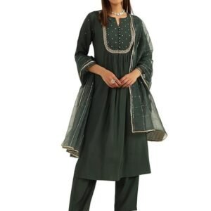 FIORRA Women's Green Viscose Chanderi A-line Kurta with Pant and Dupatta