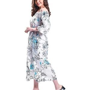 Mala Singh The Sundower Bardot Women's Floral Off-Shoulder Midi Dress, 3/4 Sleeve, White with Black Print, Casual Summer Wear