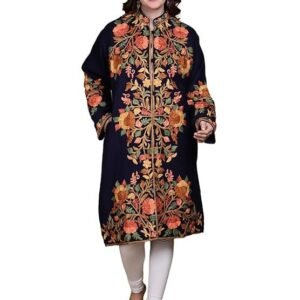 Exotic India Women's Kashmir Wool Long Jacket with Multicolor Floral Aari Embroidered | Beautiful Flower Embroidery Long Woolen Jacket, Coat For Winter