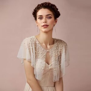 Mopmap Pearls Wedding Capes Shawl Wrap Shrug Bridal Evening Dress Jackets Flapper Bolero Cover Up for Party Formal