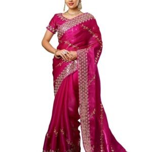 SIRIL Women's Tissue Silk Sequence Embroidery Scalloped Border Saree With Unstitched Blouse Piece