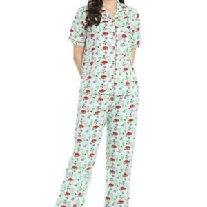 Shopbloom Pure Cotton Notched Collar Lips Don't Lie Print Short Sleeve Women's Night Suit Set with Pajama | Night Dress | Nightwear for Ladies