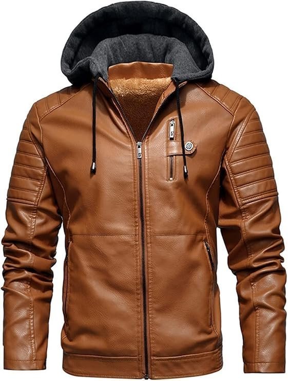 Pomo-Z Men’s Casual Stylish Premium PU Leather Zip-Up Motorcycle Bomber Jacket With a Removable Hood