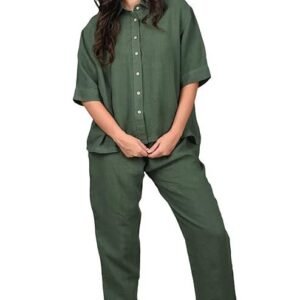 Linen Options Green Women's Shirt and Pyjama Set,Collar Neck Half Shirt and Full Pant Set for Women,Linen Material Comfortable Night Suit Set/Pyjama Set/Sleepwear/Loungewear for Women