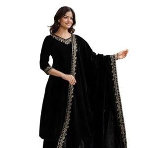 TRENDMALLS Women's Velvet Embroidery Salwar Suit Set Kurta Pant with Dupatta for Women