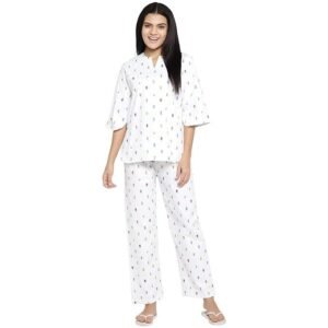 Shopbloom White Ice Cream Popsicle Print | V-Neck Cotton Women Night Suit | Lounge Wear | Night Wear