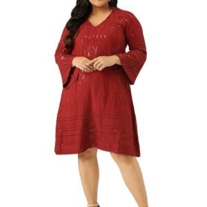 theRebelinme Plus Size Women's 4714QC_Red Solid Color Embroidered & Sequinned A-Line Dress