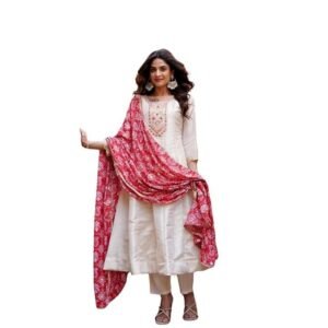 GEETHA CREATION Classic Red & Ivory Ethnic Dress for Women – Embroidered Silk Ensemble with Dupatta