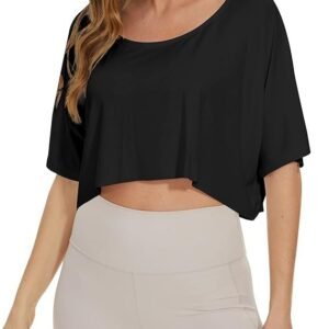 MISSACTIVER Women's Oversized Half Sleeve Boat Neck Crop Tee Shirt Workout Off Shoulder Relaxed Basic Cropped T-Shirts Top