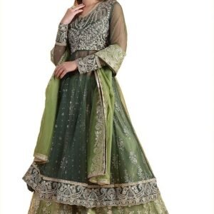 Wishful Women's Green Metallic Embroidery Mesh Flared Kurta & Skirt with Dupatta Set