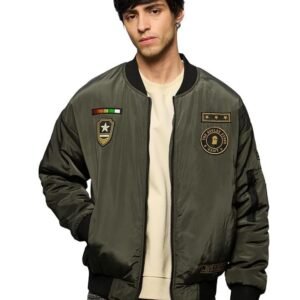 The Souled Store Bomber Jacket: Souled Army Men and Boys Long Sleeves Band Collar Zipper Front Olive Embroidered Polyester Oversized Puffer Jackets