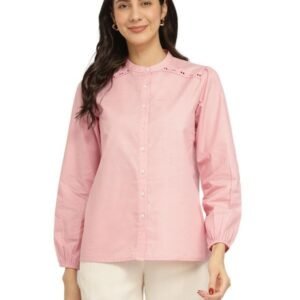 FableStreet Cotton Blend Mandarin Collar Top - Pink