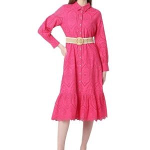 VERO MODA Women Schiffli Shirt Collar Cuffed Sleeves Pure Cotton A-Line Midi Dress