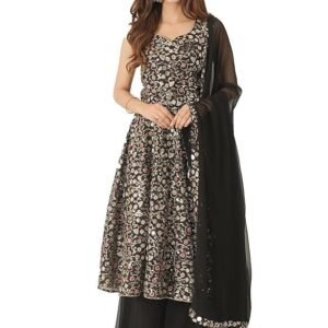 Roy Creation Women's Embroidered Anarkali with Pallazo | Embroidered Georgette | Black with Multicolor Embroidery | At-tude Design Studio