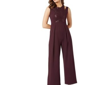 Miss Chase Women's Halter Neck Sleeveless Solid Wide Leg Sequin Paneled Regular Length Jumpsuit