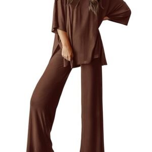 PRETTYGARDEN Women's 2 Piece Outfits Casual Short Sleeve Pullover Tops and Wide Leg Pants Lounge Sets Tracksuits