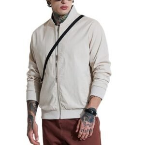 SNITCH Bordeaux Men Beige Bomber Jacket | Regular Fit Full Sleeve High Neck Solid Design | Premium Linen Blend & Smooth Woven Fabric for Everyday Wear & Semi-Formal Occasions