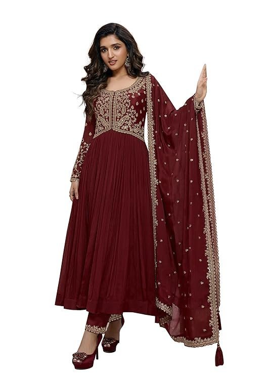 TRENDMALLS Women's Silk Blend Embroidery Anarkali Kurta Pant Set with Dupatta