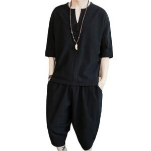 foveitaa Summer Clothing Men's Loungewear, Japanese Clothes, T-shirt, 3/4 Sleeves, Hemp Shirt, Short Sleeve, Top and Bottom Set, Top, Half Pants, Shorts, Top and Bottom