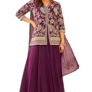 Soch Womens Wine Embroidered Chinon Sharara Suit with Dupatta