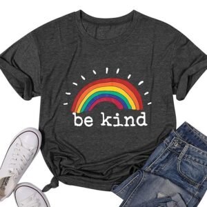 Be Kind Rainbow Shirts for Women Short Sleeve Letter Printed Inspirational Tee Shirts