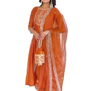 Naixa Women's Vichitra Silk Embroidered Straight Kurta with Pant and Dupatta Sets
