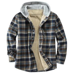 Derbars Men's Cotton Plaid Shirts Jacket Fleece Lined Flannel Shirts Sherpa Button Down Jackets with Hood for Men