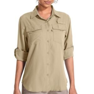 Toomett Long Sleeve Shirts for Women Hiking Fishing Safari Camping Travelling Button Down Quick Dry Convertible to Short Sleeve,F5026,Khaki