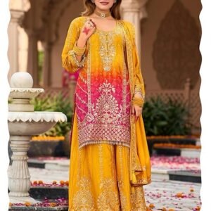 INDO ERA Women's Silk Blend Embroidered Straight Kurta & Palazzo with Dupatta Set