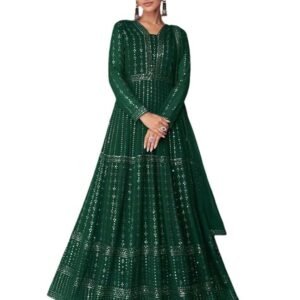 Miss Ethnik Women's Faux Georgette Stitched Top With Unstitched Santoon Bottom and Dupatta Full Sleeve Embroidered Anarkali Gown