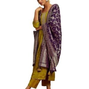 Libas Green Self Design Silk Straight Kurta With Trousers & Dupatta