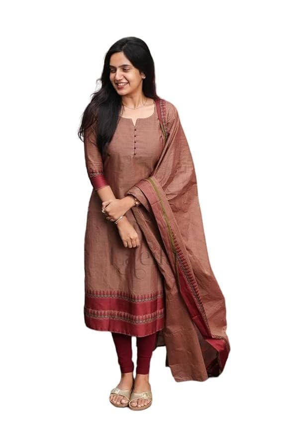 Sagar Collection Women's by Dark Brown Kanchi Cotton Kurta with Pent and Dupatta Suit Set.